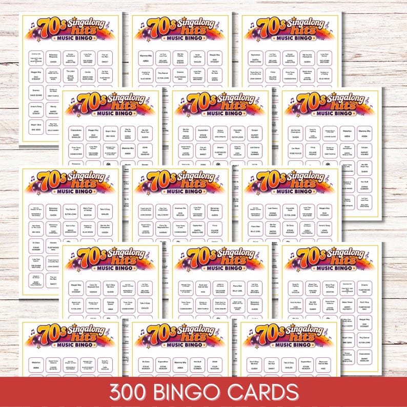 May include: A collection of 70s Singalong Hits Music Bingo cards featuring a colorful rainbow graphic, musical notes, and a grid of song titles and artist names. Each card is titled 70s Singalong Hits Music Bingo with a disco ball illustration.