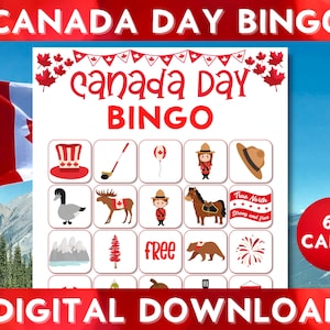 Canada Day afdrukbaar bingospel, 60 unieke bingokaarten, dag, familieplezier, klasactiviteiten