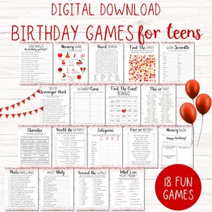 May include: A set of 18 printable birthday games for teens. The games are designed with a red and white glitter theme. The games include: Who Knows the Birthday Girl Best?, Memory Game, Word Search, Find the Cakes, Word Scramble, Selfie Scavenger Hunt, Alphabet Game, Find the Guest Bingo, This or That, Charades, Would She Rather?, Categories, Ever or Never?, Memory Book, Photo Challenge, Most Likely, Around the World, and What's on Your Phone?