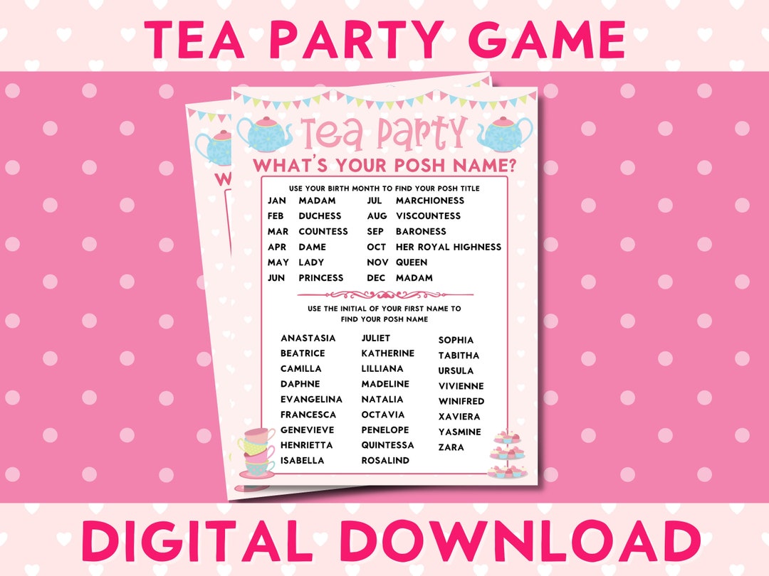 Tea Party Printable What's Your Posh Name Game, Girls Birthday Party