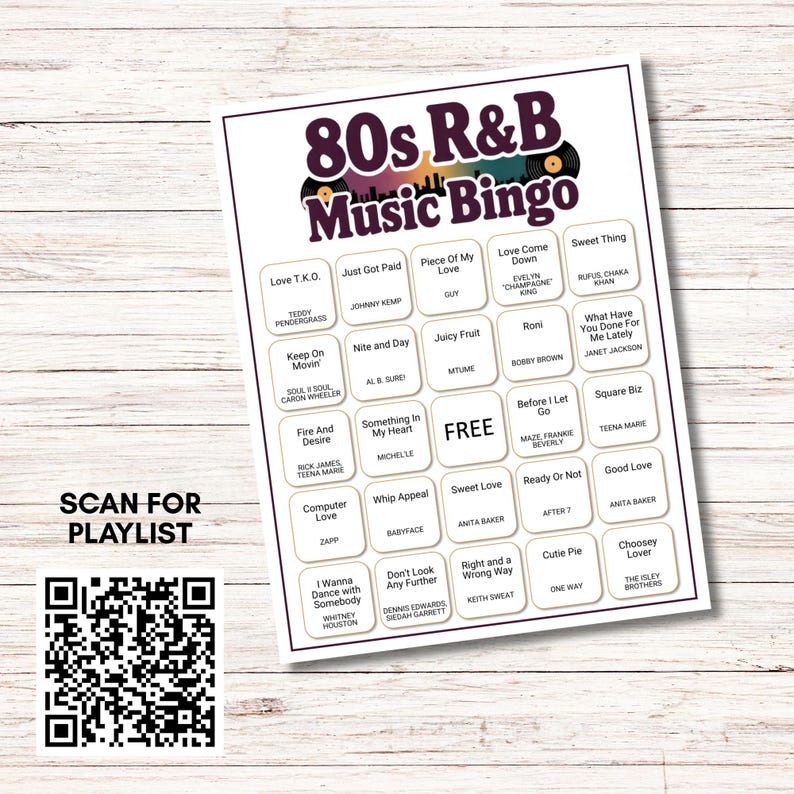 May include: A white 80s R&B Music Bingo game card with song titles and artist names. The card includes a QR code to scan for a playlist. The top of the card has the title "80s R&B Music Bingo" in purple and black.