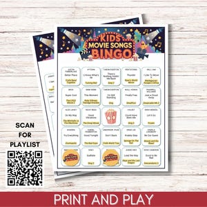 Kids Movie Music Bingo – Animated Songs Game, 100 Unique Cards Printable PDF