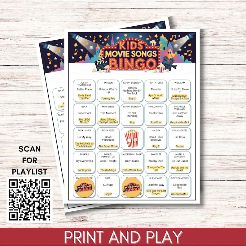 Kids Movie Music Bingo – Animated Songs Game, 100 Unique Cards Printable PDF