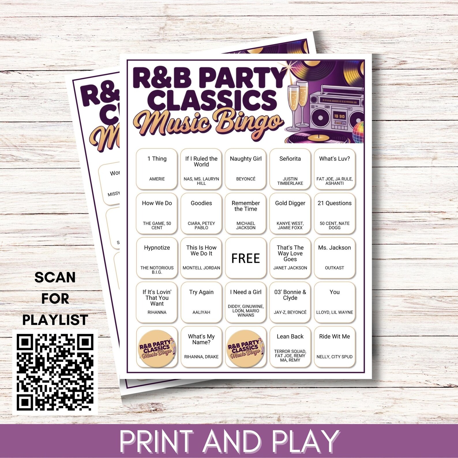 R&B Party Classics Music Bingo, 90s-2000s Printable Music Game, 75 ...