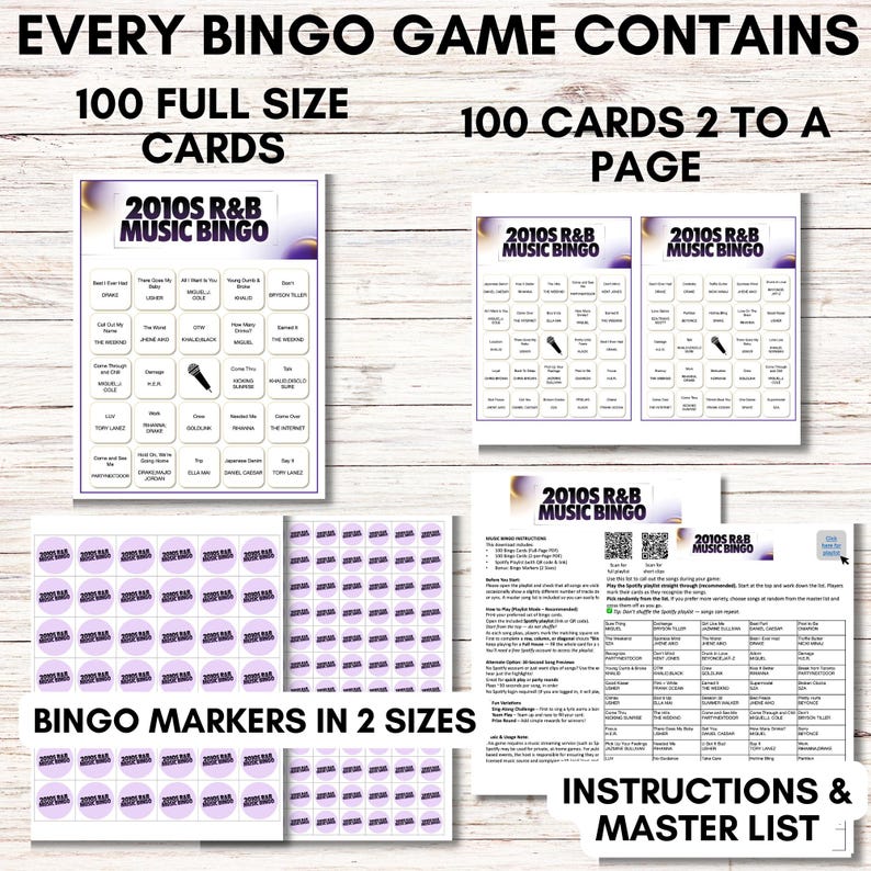May include: A complete 2010s R&B Music Bingo game set. The set includes 100 full-size cards, 100 cards with two per page, bingo markers in two sizes, and instructions with a master list. The game features a purple and white color scheme.