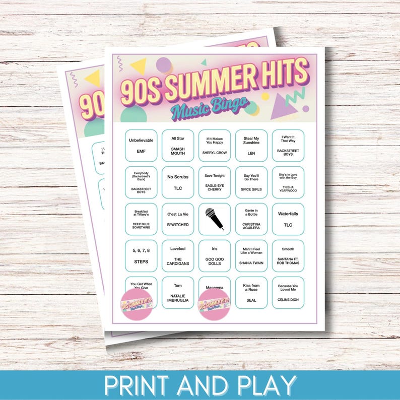 May include: Two sheets of 90s Summer Hits Music Bingo cards. The cards have a colorful design with geometric shapes and the text "90s Summer Hits Music Bingo". Each card features song titles and artist names.