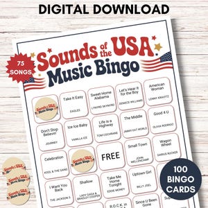 4 juli muziekbingo, patriottisch gezelschapsspel, Sounds of the USA, 75 nummers, 100 afdrukbare bingokaarten, Instant Download