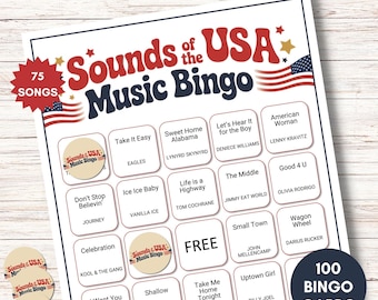 4th of July Music Bingo, Patriotic Party Game, Sounds of the USA, 75 Songs, 100 Printable Bingo Cards, Instant Download