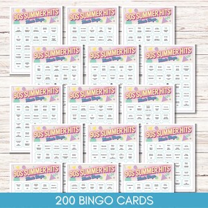 90s Summer Hits Music Bingo – 200 Cards, Printable Game with Spotify Playlist (Digital Download)