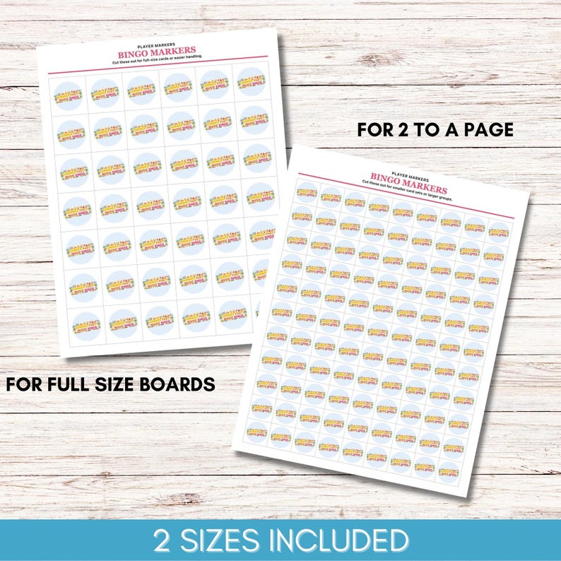 Puede incluir: Dos hojas de plantillas de marcadores de bingo. Las hojas son blancas con marcadores circulares azules, amarillos y rosas. El texto en las hojas dice "Amazing Life" y "Bingo Markers". El texto "For Full Size Boards" y "For 2 to a Page" tambi&eacute;n es visible.