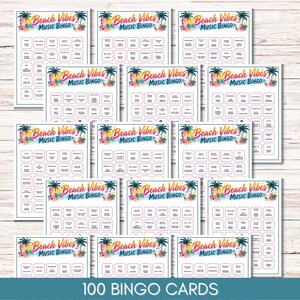 May include: A collection of 100 Beach Vibes Music Bingo cards featuring a tropical header with palm trees, surfboards, and flowers. Each card contains a grid of song titles and artist names, with the text Beach Vibes Music Bingo at the top.