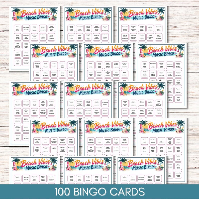 May include: A collection of 100 Beach Vibes Music Bingo cards featuring a tropical header with palm trees, surfboards, and flowers. Each card contains a grid of song titles and artist names, with the text Beach Vibes Music Bingo at the top.