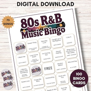 May include: A digital download of an 80s R&B Music Bingo game. The game includes 75 songs and 100 bingo cards. The design features a purple and black color scheme with song titles and artist names.