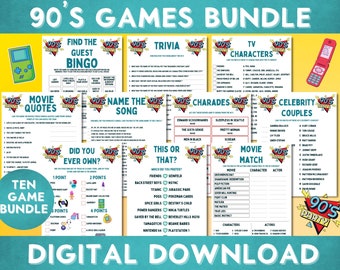 Paquete de noche de juegos imprimible de los 90, descarga instantánea de juegos de trivia de los 90, fiesta de adultos, despedida de soltera D90
