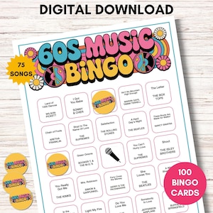 60s Music Bingo, Printable Party Game, 75 Songs, 100 Bingo Cards