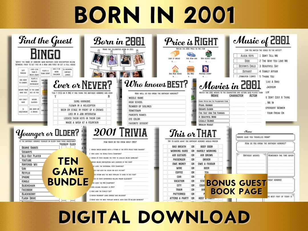 25th Birthday Party Games, Born in 2001 Trivia, Music Quiz (printable ...