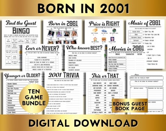 23rd Birthday Party Games, Born in 2001, Printable 10 Game Bundle, Instant Download, Bingo, Price Is Right, Music, Trivia, Guest Book BP001