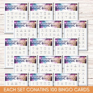 May include: A stack of Modern Party Anthems Music Bingo cards. Each card features a colorful design with the game's title and a grid of song titles. The text "EACH SET CONTAINS 100 BINGO CARDS" is at the bottom.