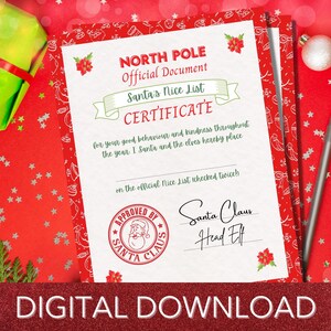 Certificado oficial de lista agradable de Papá Noel, Carta de Papá Noel, Relleno de caja de Nochebuena, Certificado de elfo, Descarga instantánea, Imprimible
