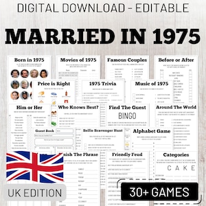 50th Wedding Anniversary Party Games, Married in 1975, UK Edition, Printable Fun Activities, Golden Anniversary Ideas, Instant Download