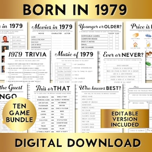 46th Birthday Party Games, Born in 1979, Printable 10 Game Bundle, Instant Download, Editable, Personalize, Music, Trivia, Guest Book BP001