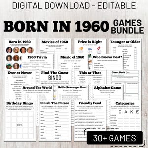 65th Birthday Party Games Bundle, Fun Printable Games for Adults, Born in 1960 Trivia, Instant Download