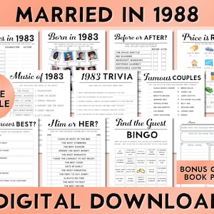37th Anniversary Party Games, Married in 1988, Fun Printable Games for Adults, Instant Download