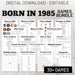 40th Birthday Party Games Bundle, Born in 1985 Trivia, Fun Editable Printable Games for Adults,  Instant Download