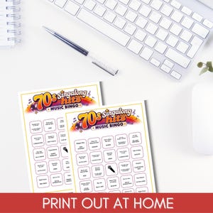 May include: Two white paper sheets featuring a 70s singalong hits music bingo game. The header displays colorful rainbow graphics, a disco ball, and the text 70s singalong hits music bingo. Each grid contains song titles, artist names, and a microphone icon.