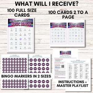Może przedstawiać: Zestaw do druku do gry w bingo muzyczne z lat 80. Zawiera 100 kart w pełnym rozmiarze, 100 kart na stronę, znaczniki do bingo w dw&oacute;ch rozmiarach, instrukcje i listę odtwarzania. Karty do gry mają kolorowy design.