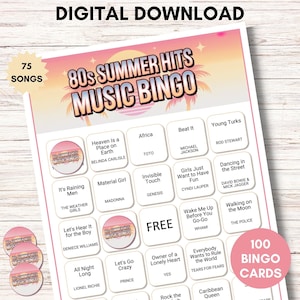 Bingo musical de los 80: Juego de bingo imprimible de los 80 con lista de reproducción de Spotify. Juego de fiesta retro de verano. Descarga instantánea. Tarjetas de bingo.