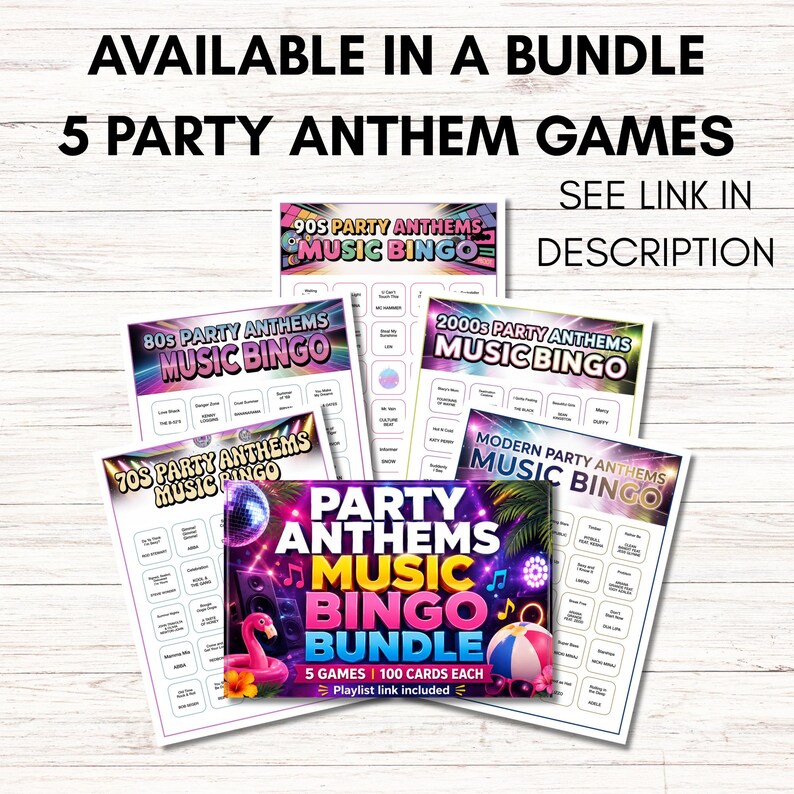 Może przedstawiać: Zestaw pięciu gier Party Anthems Music Bingo. Każda karta do gry przedstawia inną dekadę muzyczną: lata 70., 80., 90., 2000 i Modern. Zestaw zawiera 5 gier po 100 kart każda. Zobacz link w opisie.