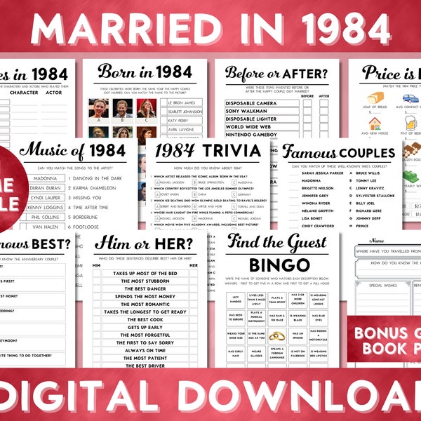 40. Hochzeitsjubiläum Gesellschaftsspiele, Verheiratet in 1984, Rubin Hochzeit 10 Spiele Set, Sofort Download, Bingo, Gästebuch