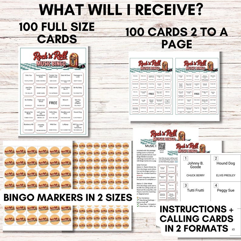 1950s & 60s Rock 'n' Roll Music Bingo Game – Printable Retro Party Game – 100 Unique Cards – Instant Download – Rock and Roll Bingo