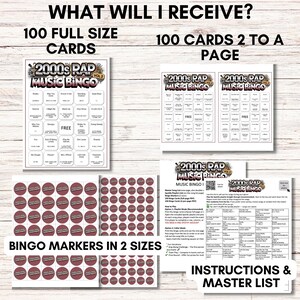 Puede incluir: Un juego de bingo de m&uacute;sica rap de los a&ntilde;os 2000. El conjunto incluye 100 tarjetas de tama&ntilde;o completo, 100 tarjetas por p&aacute;gina, marcadores de bingo en dos tama&ntilde;os e instrucciones. Las tarjetas y los marcadores tienen un dise&ntilde;o rojo y blanco.