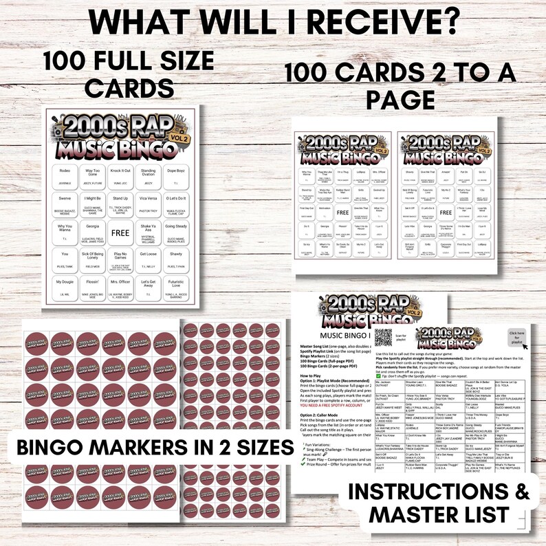 Puede incluir: Un juego de bingo de m&uacute;sica rap de los a&ntilde;os 2000. El conjunto incluye 100 tarjetas de tama&ntilde;o completo, 100 tarjetas por p&aacute;gina, marcadores de bingo en dos tama&ntilde;os e instrucciones. Las tarjetas y los marcadores tienen un dise&ntilde;o rojo y blanco.