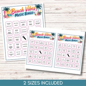 May include: Three printed Beach Vibes Music Bingo game cards featuring a tropical header with palm trees, a surfboard, and a seashell. Each card contains a grid of song titles and artist names, with some squares displaying a microphone icon.