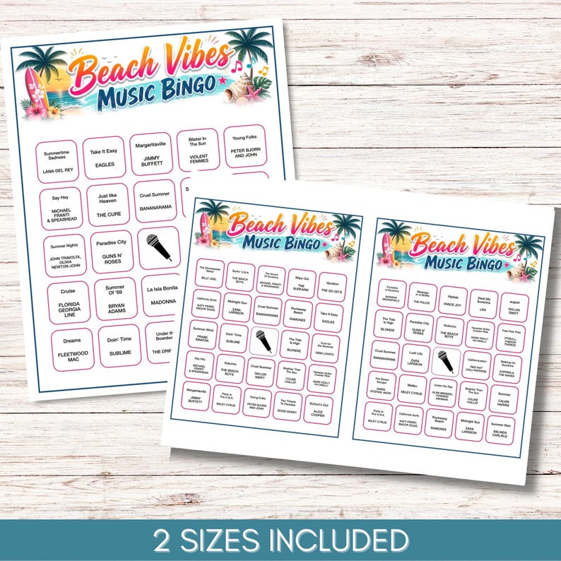 May include: Three printed Beach Vibes Music Bingo game cards featuring a tropical header with palm trees, a surfboard, and a seashell. Each card contains a grid of song titles and artist names, with some squares displaying a microphone icon.