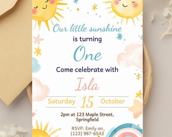 Our Little Sunshine Is Turning One Invitation, Editable 1st Birthday Invite, Trip Around the Sun, Neutral Boho Printable Template