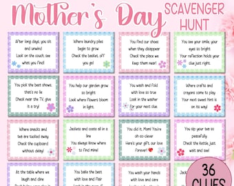 Mother’s Day Scavenger Hunt Printable – 36 Rhyming Clues for Mum – Fun Game for Indoors & Outdoors – Instant Download Gift