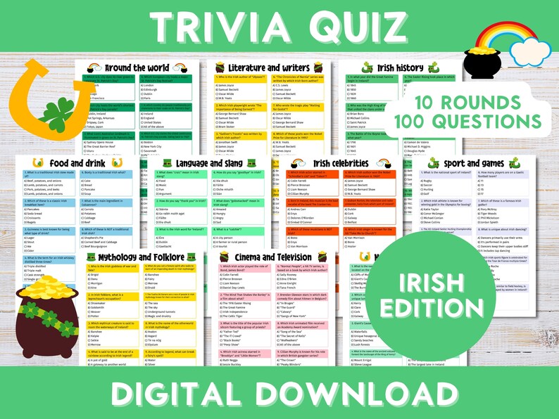 Irish Rizzes St Patricks Day Quiz Printable, Pub Quiz 10 Rounds, St Paddys Day ...