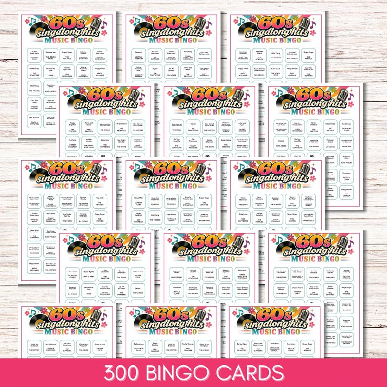 May include: A collection of 60s Singalong Hits Music Bingo cards featuring a colorful header with a vinyl record, a microphone, and floral accents. Each card contains a grid of song titles and artist names printed in black text on white paper.