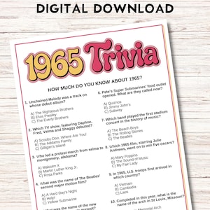 Trivia-spel 1965, activiteiten feest 60e verjaardag, afdrukbare leuke weetjes, direct downloaden