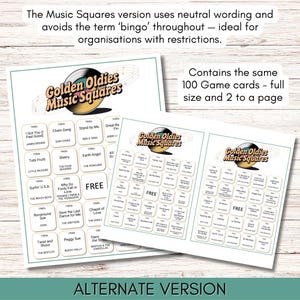 May include: Two printable game cards featuring a "Golden Oldies Music Squares" theme. The cards are filled with song titles from the 1950s and 1960s. The cards are designed to be used for a game similar to bingo, but with a music theme.