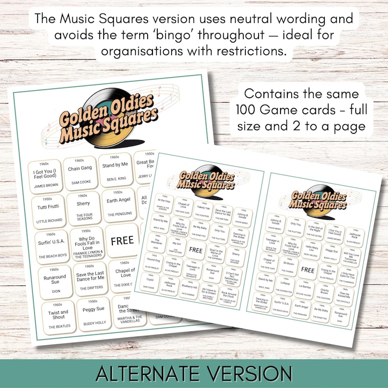 May include: Two printable game cards featuring a "Golden Oldies Music Squares" theme. The cards are filled with song titles from the 1950s and 1960s. The cards are designed to be used for a game similar to bingo, but with a music theme.