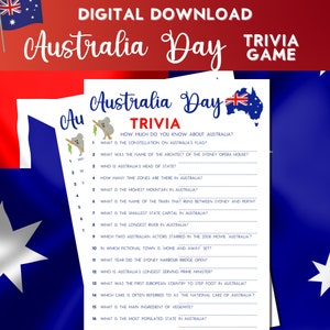 May include: A printable Australia Day trivia game featuring a red, white, and blue Australian flag and a koala bear illustration. The trivia questions cover Australian geography, history, and culture.