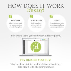 May include: How does it work? It's easy! A green circle with the text "EDIT WITH jet TEMPLATE" inside. A laptop screen shows a mockup of a design template.  The text "TRY BEFORE YOU BUY! Visit the demo link in the description below to see how easy it is to edit your purchase." is at the bottom of the image.