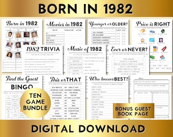 42nd Birthday Party Games, Born in 1982, Editable Printable Game Bundle, Instant Download, Price Is Right, Music, Trivia, Guest Book BP001