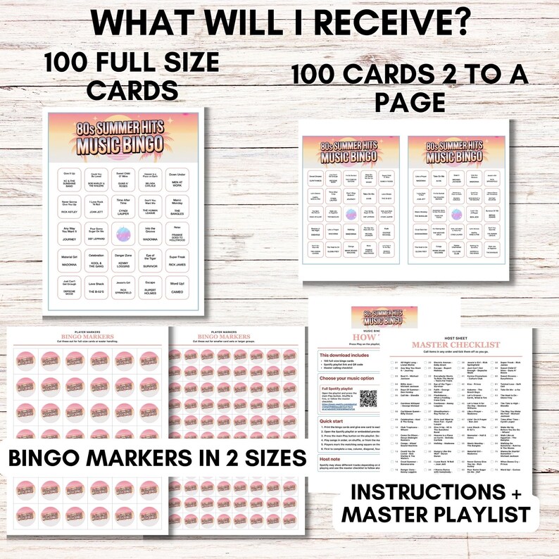 May include: An image showcasing a music bingo game set. The set includes 100 full-size cards, 100 cards in a two-per-page format, bingo markers in two sizes, and instructions with a master playlist. The game is themed around 80s summer hits.