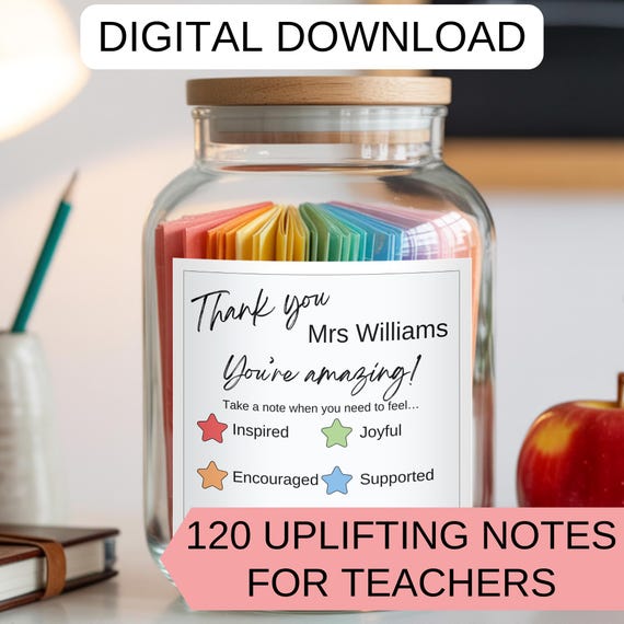 Teacher Appreciation Jar, Printable Teacher Notes, DIY Thank You Gift, Uplifting Affirmations, Digital Download, End of Year Teacher Gift